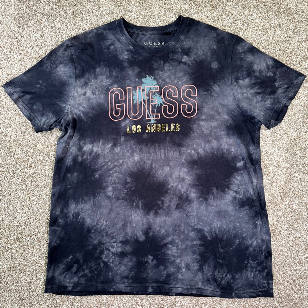 Guess Los‎ Angeles Mens XL Tie Dye Graphic T-Shirt Black Gray Embroidered Logo